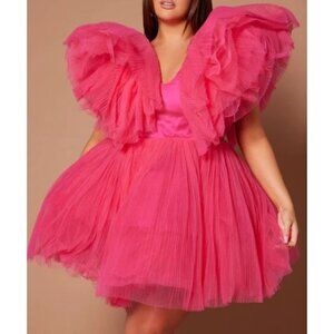 Fashion Nova Curve‎ Delaney Tulle Mini Dress Pink NWT V Neck Size Extra Large